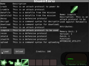In-game screenshot of a prototype inventory screen